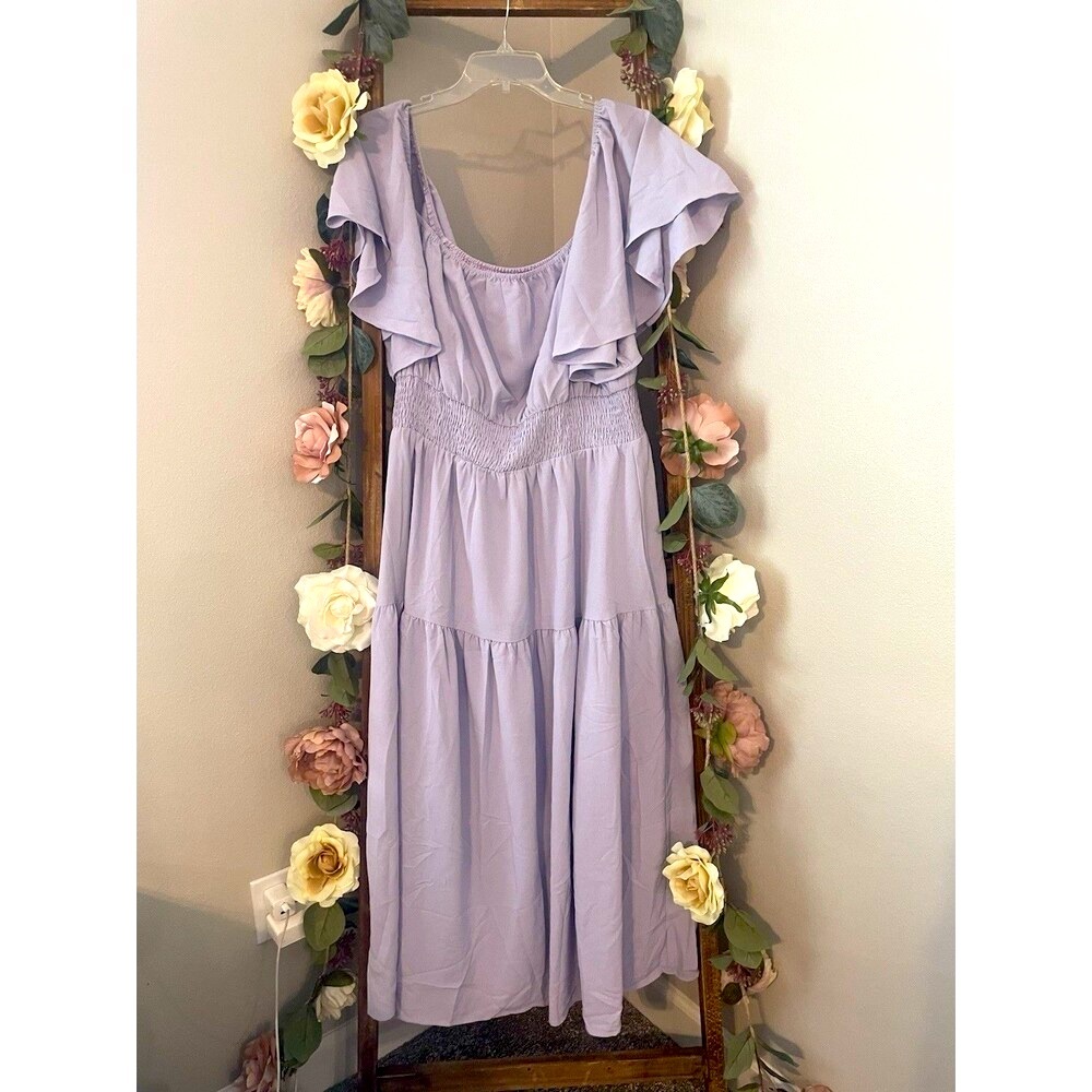 Square Neck Ruffle Sleeve Midi Dress GRACE KARIN Smocked Tiered Flowy - Picture 6 of 8
